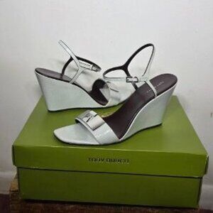Tory Burch Gigi Wedge Sandal 80MM Textured Patent Leather Summit/Silver 9.5 NIB!